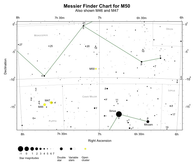 Finder Chart for M50 (also shown M46 and M47) (credit:- freestarcharts)