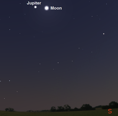 Moon and Jupiter 45 minutes after sunset from London, England on April 17, 2016 (credit - stellarium)