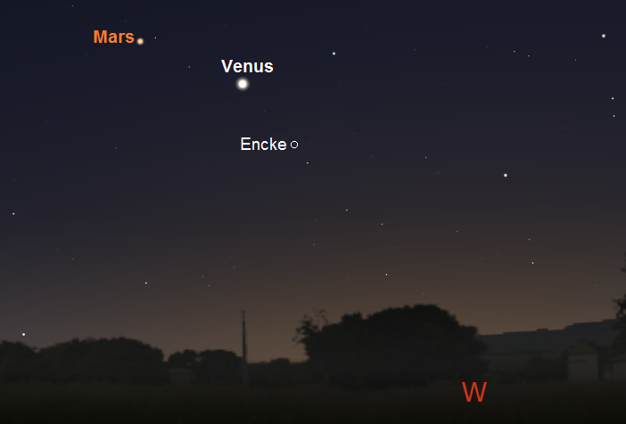 Position of Encke, one hour after sunset, on February 21, 2017 from mid-latitude northern locations (credit:- stellarium/freestarcharts)