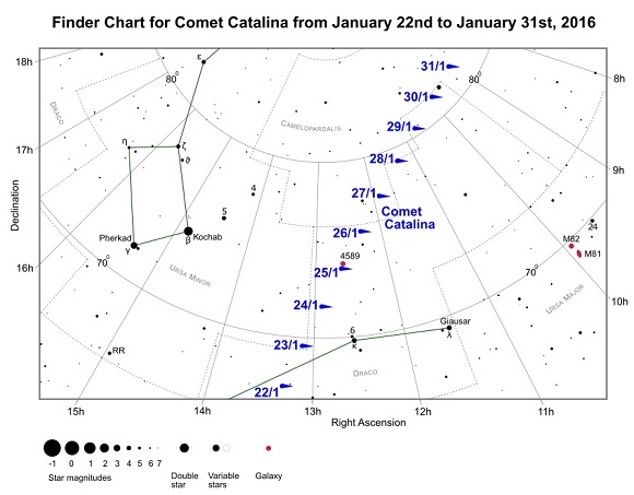 Comet Catalina (C/2013 US10) Finder Chart from January 22nd to January 31st, 2016 (credit:- freestarcharts) Comet Catalina (C/2013 US10) Finder Chart from January 22nd to January 31st, 2016 (credit:- freestarcharts)