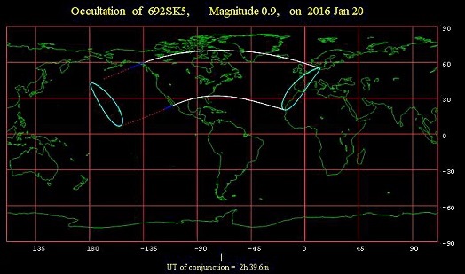From all locations within the solid white lines is the Lunar occultation of Aldebaran visible at sometime during night of January 19-20, 2016 (credit - International Occultation Timing Organization)
