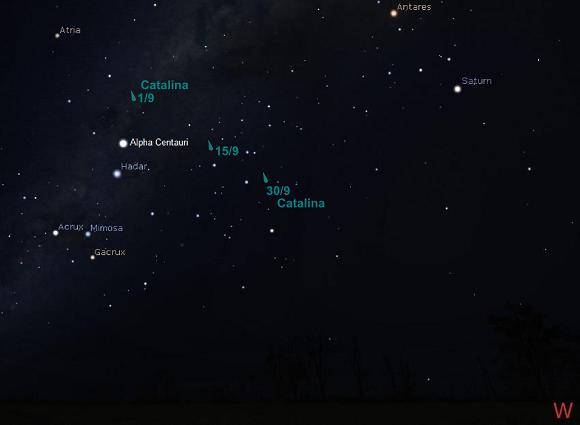 Comet Catalina after sunset during September from latitude 35S (credit:- Stellarium)