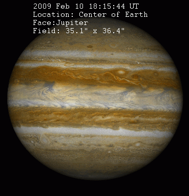 Simulation of a shadow transit of one of Jupiter's moons (Io) as seen from the Earth on February 10, 2009.