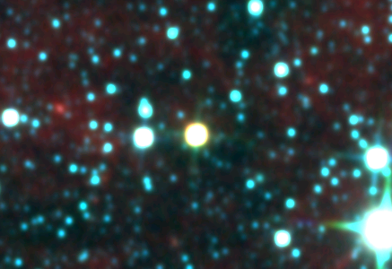 The Luhman 16 binary brown dwarf is the yellow disc at the centre. The binary system is not resolved in this image (credit:- WISE)